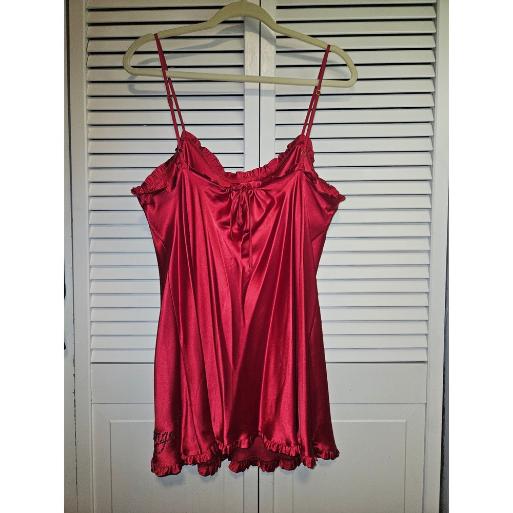 Victorias Secret Angels Red Satin Ruffle Babydoll Chemise Rhinestone Angel L